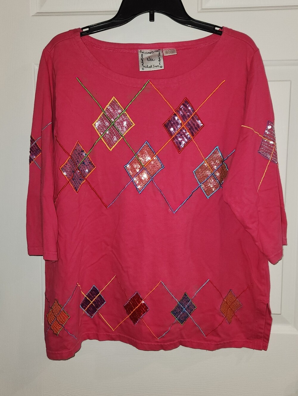 Michael Simon Lite Pink Cotton Embroidered Sequin Diamond 3/4 Sleeve Size 1X